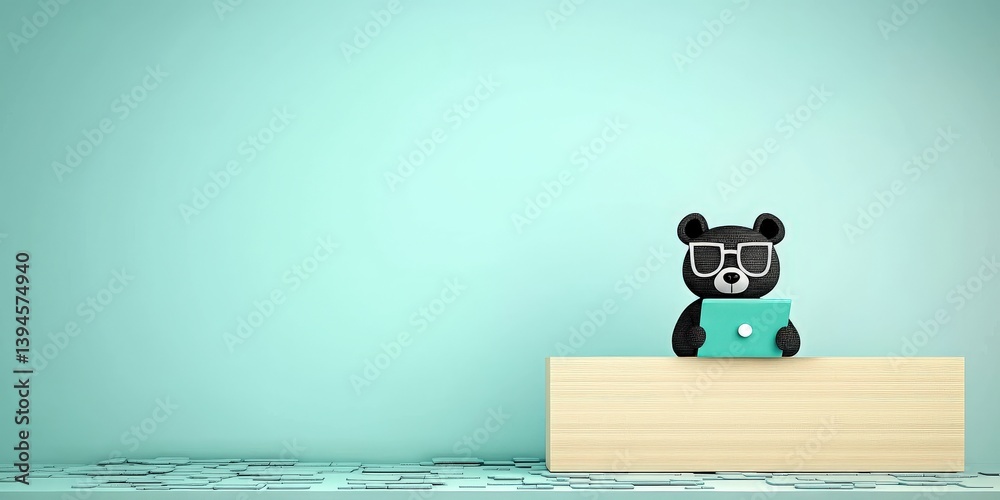 Fototapeta premium security researchers risk assessment monitoring concept. Cute panda cartoon character sitting at a desk against a light blue wall.
