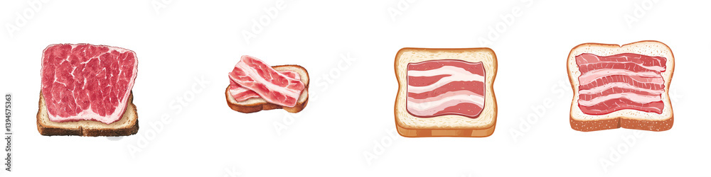 Minimalist mockups showcasing various cuts of meat displayed on bread against a clean background Minimalist mockups showcasing various cuts of meat displayed on bread against a clean background