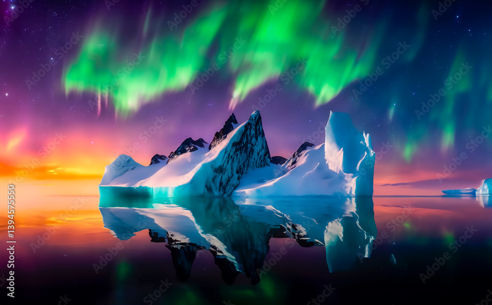 Drifting iceberg under a glowing aurora borealis,Generated image