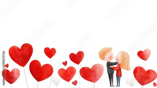 Romantic Couple Embracing Surrounded by Colorful Heart Balloons