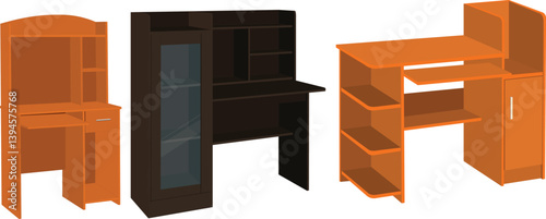 Set of Wooden Table vector illustration.Computer desk or study table set for cartoon animation