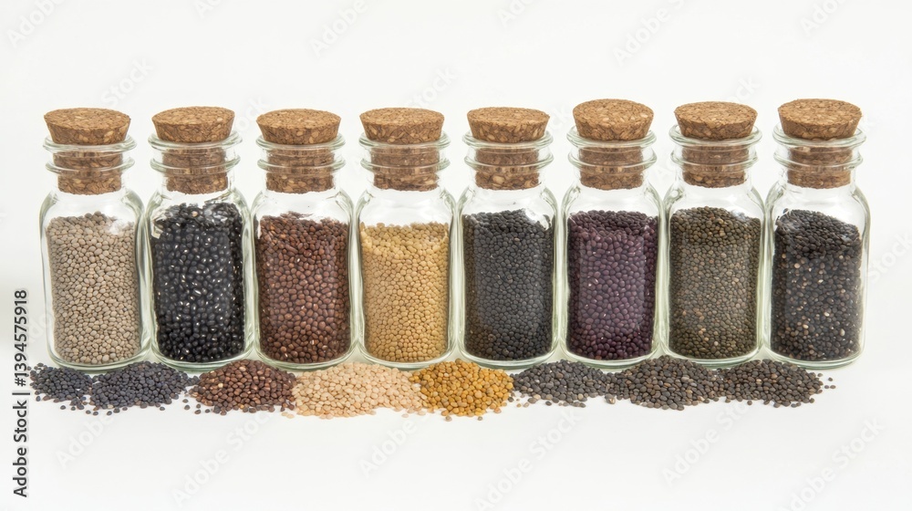 Assorted dried legumes and grains displayed in glass jars Assorted dried legumes and grains displayed in glass jars