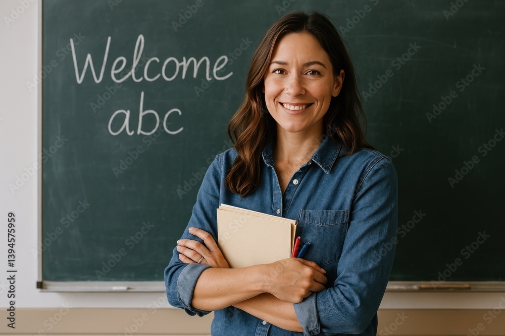 Teacher smiling classroom chalkboard books Teacher smiling classroom chalkboard books