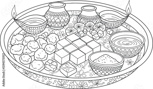Ornate Diwali Puja Thali Decorated with Traditional Sweets Diya Lamps and Sacred Kumkum Powder Offering