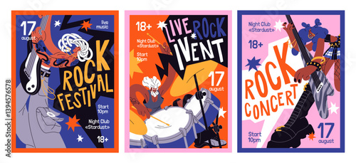 Live rock concert event poster designs. Advertising templates of band music performance. Promotion layout with modern musicians with guitar, drum play songs on festival. Flat vector illustrations