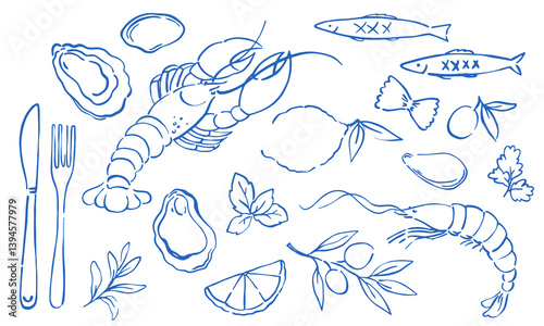 Mediterranean Dolce Vita style vintage illustrations Shrimps and lobster, suitable for restaurant and marine cafe menus. Doodles print