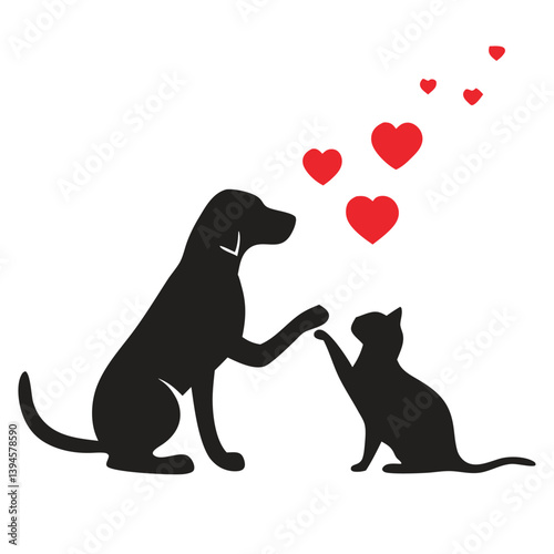 Pet Love Vector Set – Dog and Cat Silhouettes with Heart, Tree, and Nature Elements for Animal Shelter, Veterinary, and Adoption Themes.