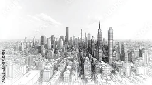 Sketch like aerial view of a sprawling metropolis showcasing iconic skyscrapers and city streets in a monochrome palette Detailed