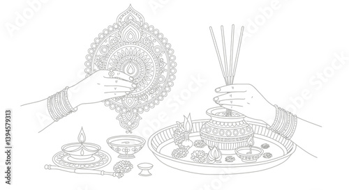 Devotional Hands Performing Aarti Ritual Holding Decorated Puja Thali with Diya Lamp and Incense Sticks