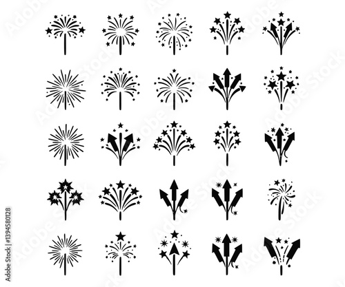 Set of unique flat firework silhouette icons - vector illustrations isolated on a white backdrop.