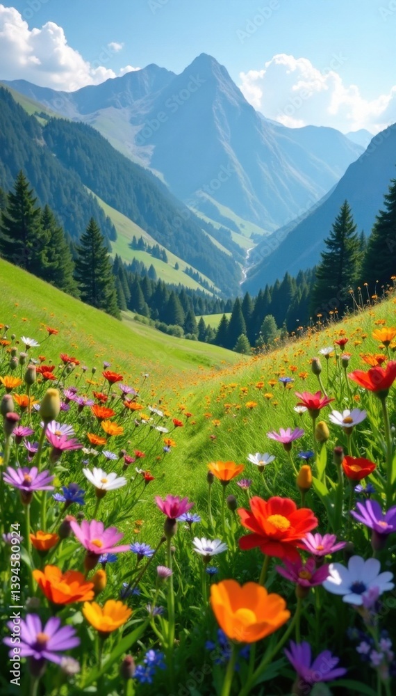 Fototapeta premium Wildflower meadow in mountain valley, abundant blooms , ecology, vibrant
