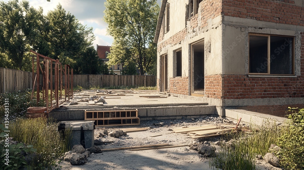 Unfinished brick house under construction showcasing a partially built structure with exposed brick walls concrete foundation and Unfinished brick house under construction showcasing a partially built structure with exposed brick walls concrete foundation and