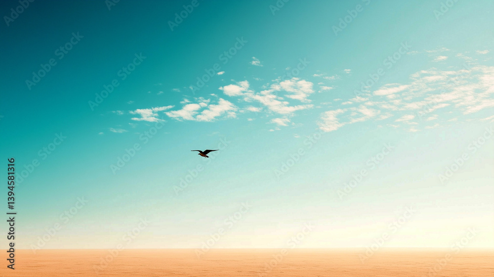 Naklejka premium Bird soaring in a clear blue sky over a vast horizon during daylight