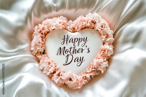A romantic "Happy Mother's Day" tag with elegant cursive writing, encased in a heart of blush carnations on a white silk pillow.