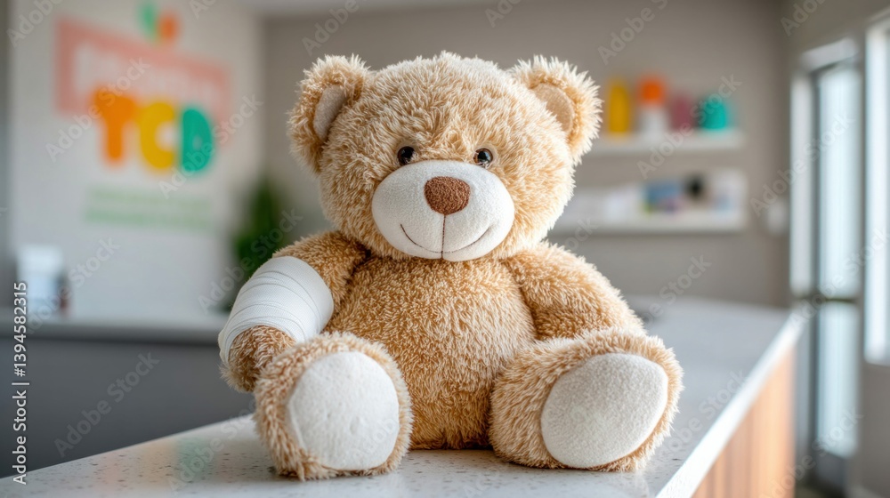 Obraz premium A plush teddy bear with a bandaged arm, sitting, with a friendly expression, embodies comfort.