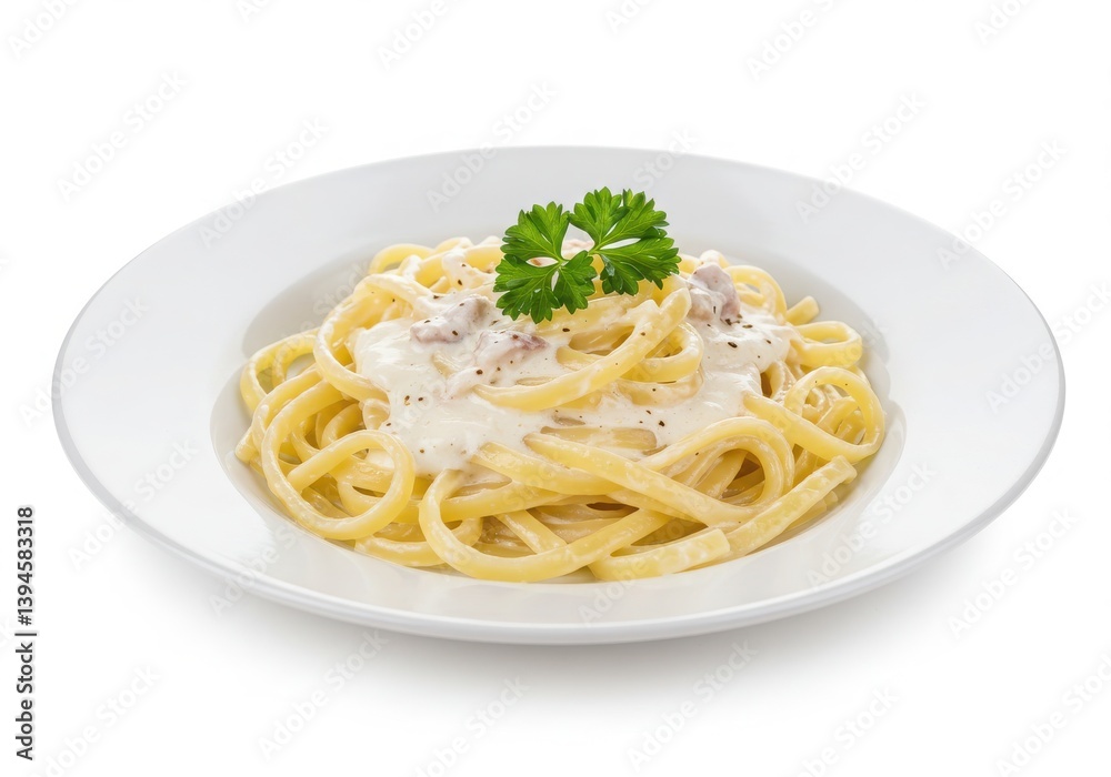A plate of linguine pasta with white sauce and a parsley garnish on a white background isolated A plate of linguine pasta with white sauce and a parsley garnish on a white background isolated