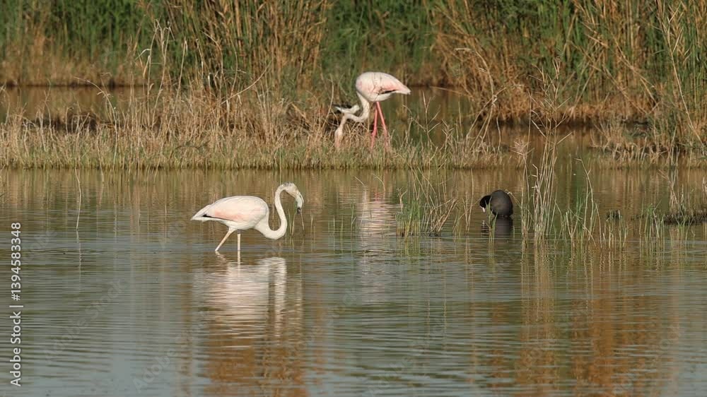 Flamenco juvenil Phoenicopterus roseus alimentandose en el parque natural el Hondo con flamenco al fondo agitando su plumaje, España
