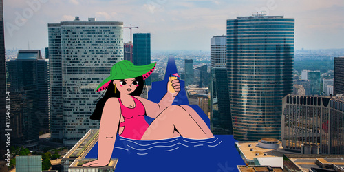 Neo-surreal composite image. Giant woman lounging in rooftop pool in swimsuit and sunhat amid tall buildings, capturing essence of city vacation. Concept of summer, urban rest, fashion, lifestyle.