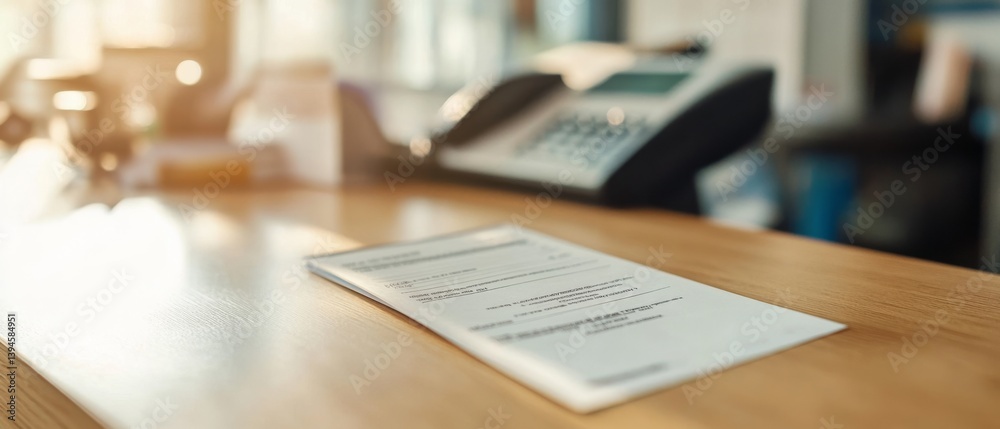 Obraz premium Sunlit office desk with a focused document and blurred contours of a printer, conveying a feeling of workspace organization.