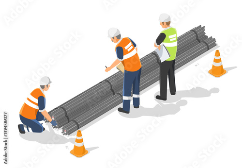 Construction workers inspecting and checking bundled steel rebar at the construction site for quality assurance and inventory control isolated isometric
