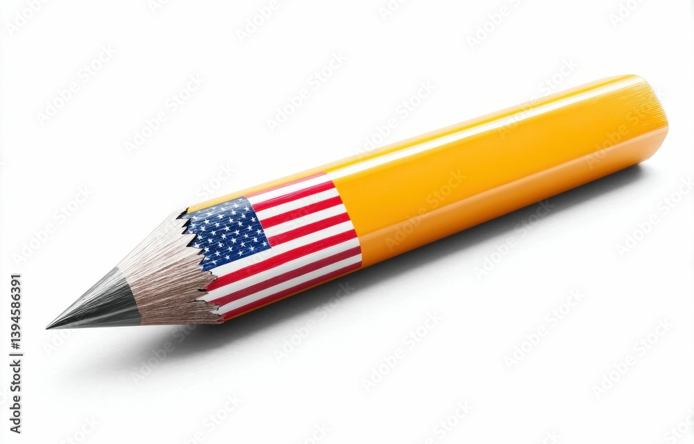 A yellow pencil with the American flag artfully displayed, perfect for illustrative use. A yellow pencil with the American flag artfully displayed, perfect for illustrative use.