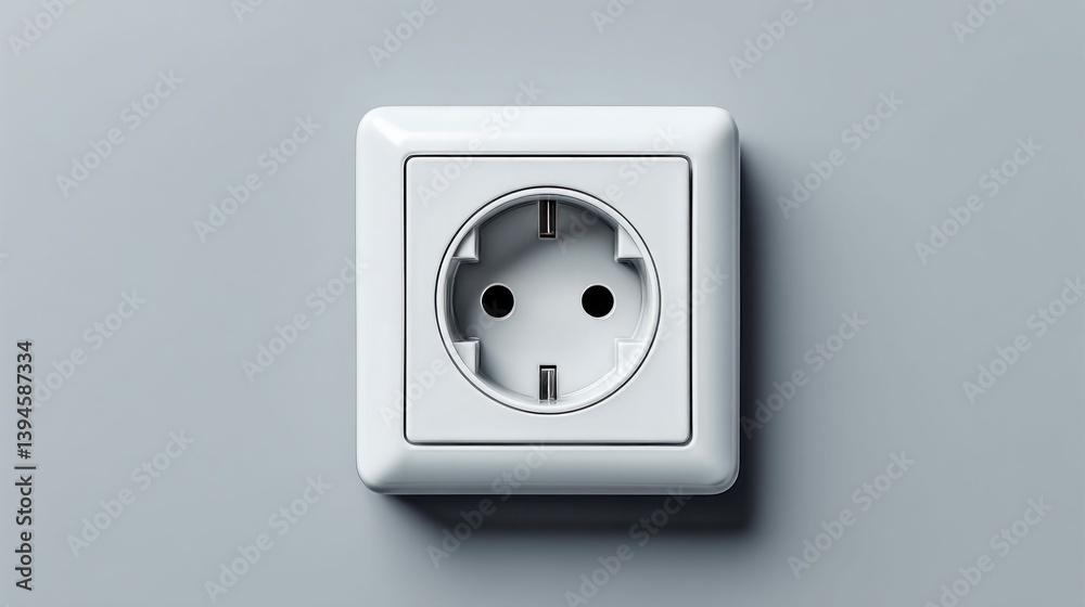 A crisp photograph of a white power outlet mounted on a plain, light gray wall. A crisp photograph of a white power outlet mounted on a plain, light gray wall.
