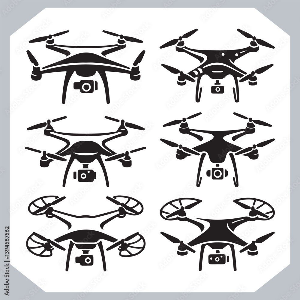 Drone Outline Icon Set with Stylish Silhouettes in Various Shapes