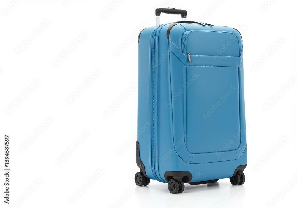 Isolated turquoise suitcase with wheels and retractable handle on a white background studio shot Isolated turquoise suitcase with wheels and retractable handle on a white background studio shot
