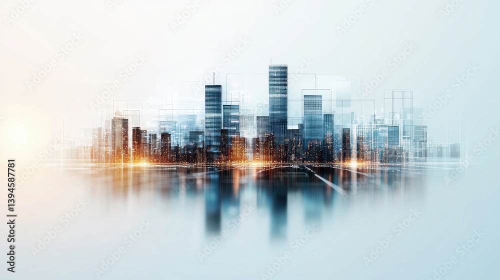 Fototapeta premium A futuristic city skyline with tall buildings, featuring a blend of digital elements and a soft color gradient.