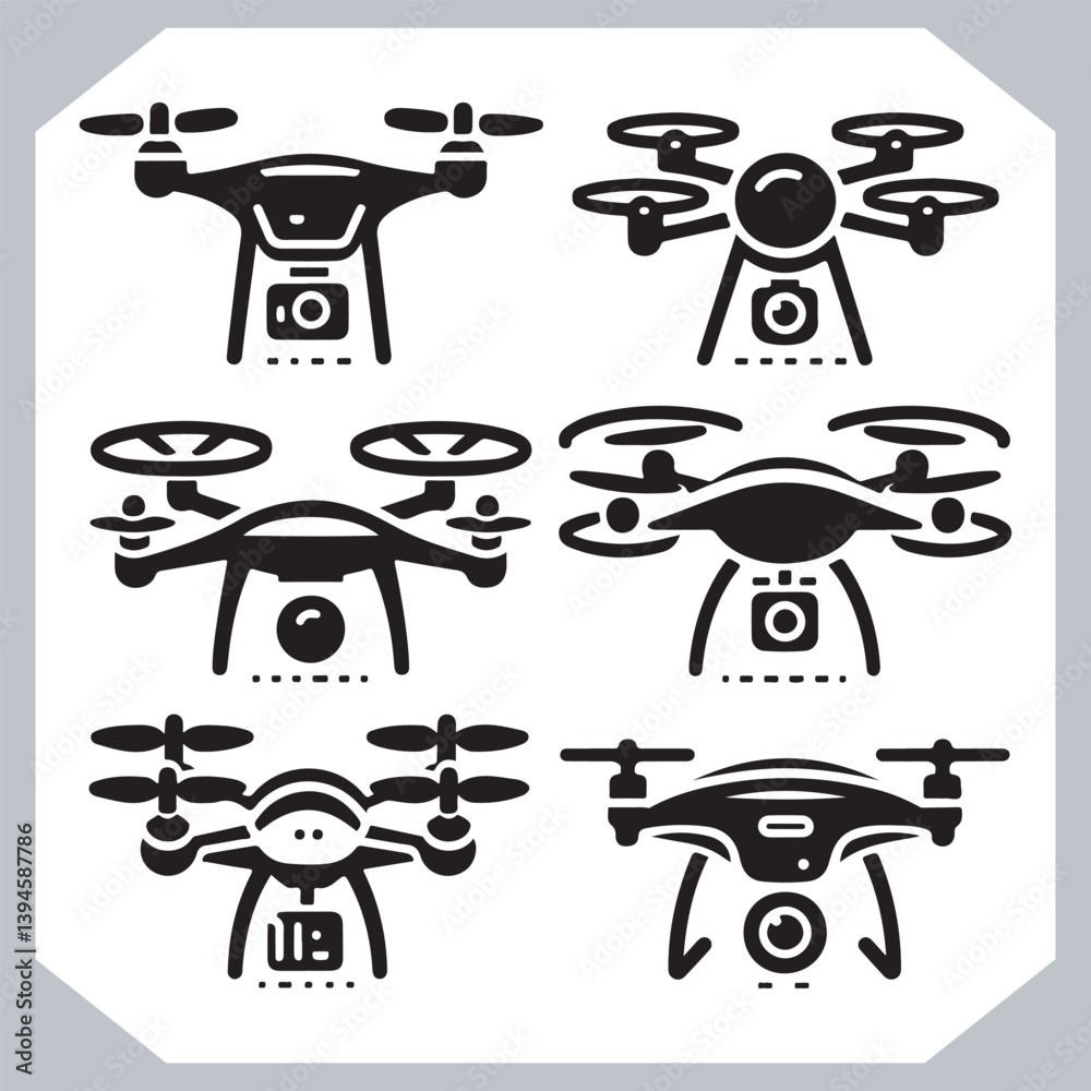 Drone Outline Icon Set with Stylish Silhouettes in Various Shapes