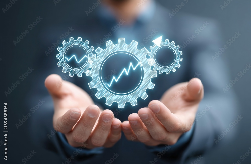 Hands cupping glowing gears with a graph, representing business and financial growth visually. Hands cupping glowing gears with a graph, representing business and financial growth visually.