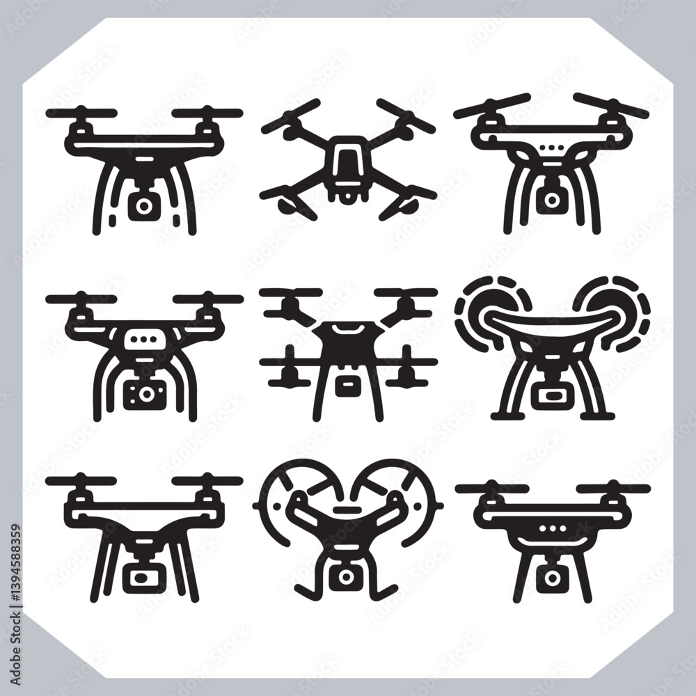 Collection of Drone Silhouettes and Icons in Modern Line Art Style