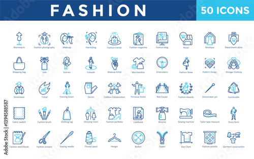 Fashion icons set with mannequin, fashion photography, makeup, hairstyling, fashion trends, fashion magazine, fashion blog, retail, boutique, department store icon. Simple outline color vector 
