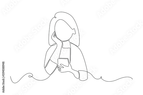 Depressed woman sitting with mobile phone continuous line art drawing. Vector illustration.
