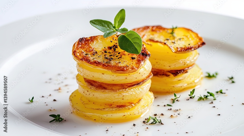 Stacked potato rounds with herb Stacked potato rounds with herb