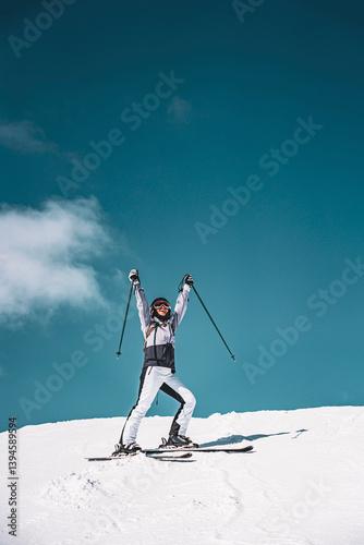 Photo of happy woman on ski in Italy