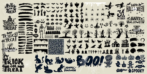 Big set of Halloween doodles black and white drawing. Vector Happy halloween doodle design elements. Hand drawn Design for prints, decoration of holidays, postcards and posters, stickers, sublimation.