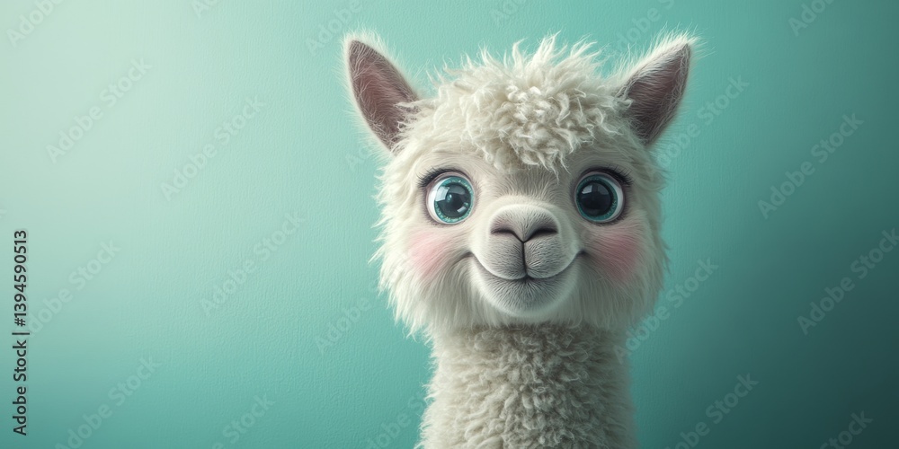 Obraz premium Adorable alpaca smiling on turquoise background, farm pet portrait