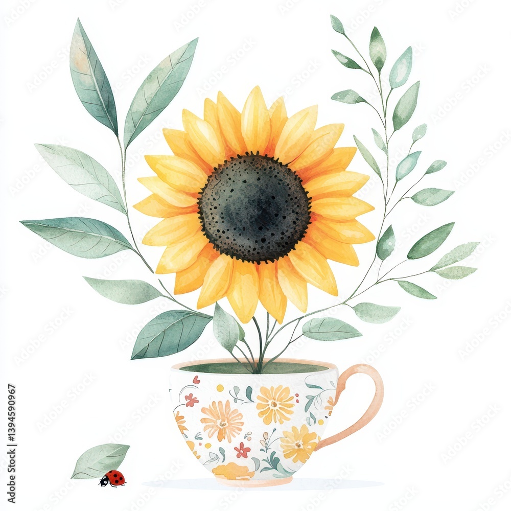 Vibrant sunflower in floral teacup nature scene watercolor art bright and whimsical close-up view