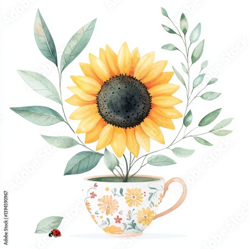 Obraz na płótnie Vibrant sunflower in floral teacup nature scene watercolor art bright and whimsical close-up view w salonie
