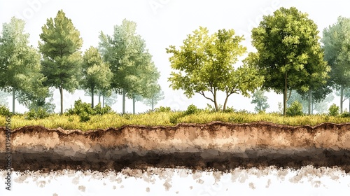 Serene forest landscape showcasing lush greenery vibrant trees and exposed soil layers in a detailed cross section view with soft