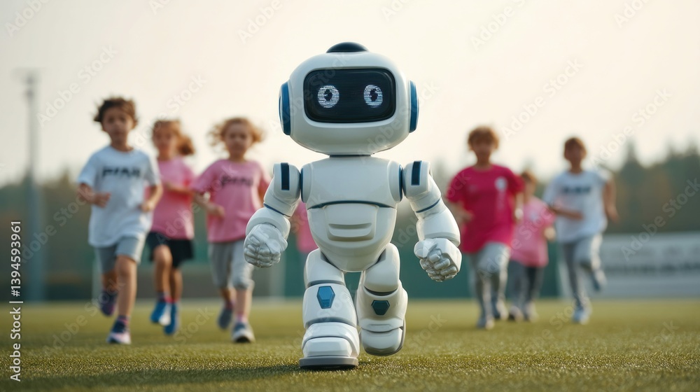 Fototapeta premium A friendly robot and children joyfully run together across a lush green field on a sunny day.