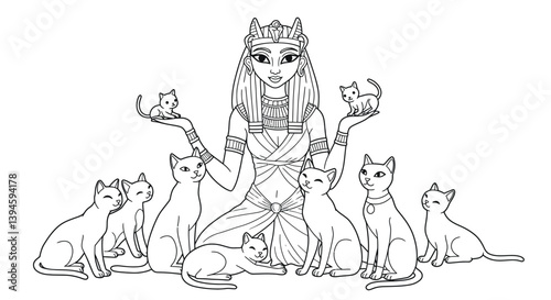 Bastet Cat Headed Goddess Coloring Page with Playful Cats Ancient Egyptian Mythology Feline Deity Art Sheet