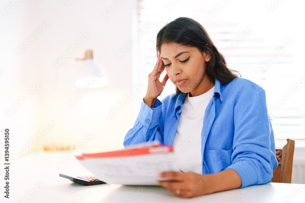 Young woman reviewing paperwork while seated at a desk in a bright, minimalist workspace during daytime Young woman reviewing paperwork while seated at a desk in a bright, minimalist workspace during daytime