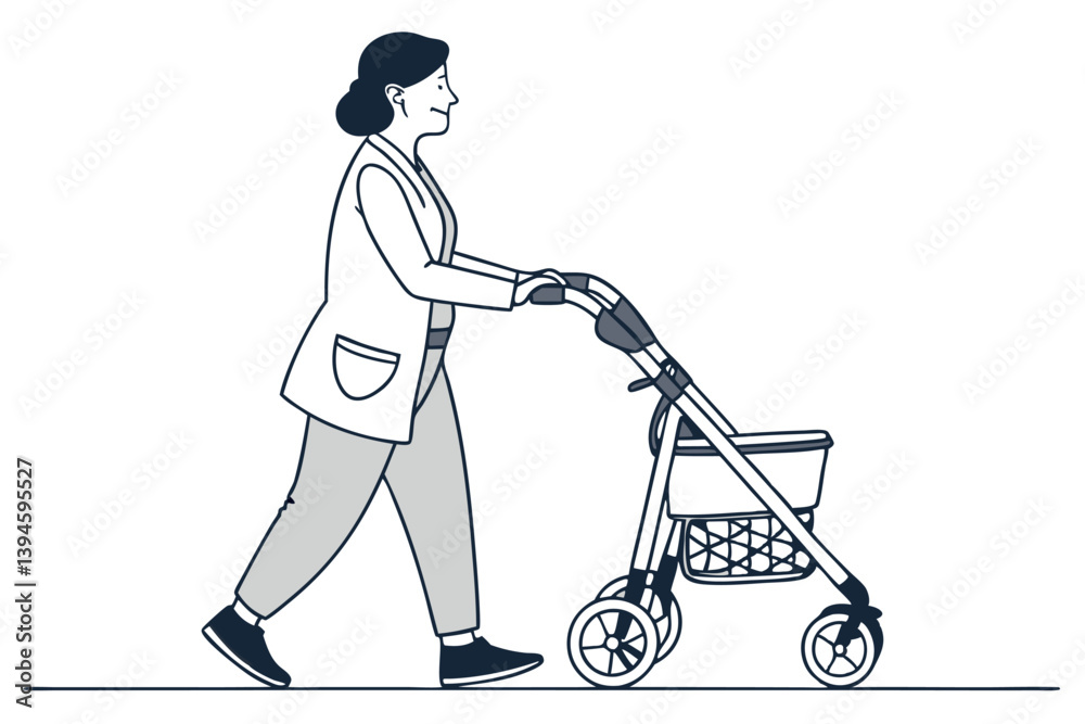 Vector Art of Senior Woman with Rollator in Line Drawing Style Vector Art of Senior Woman with Rollator in Line Drawing Style
