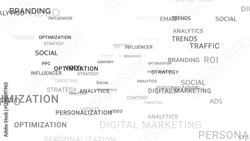 Digital Marketing text words fly zoom in loop seamless animation White background