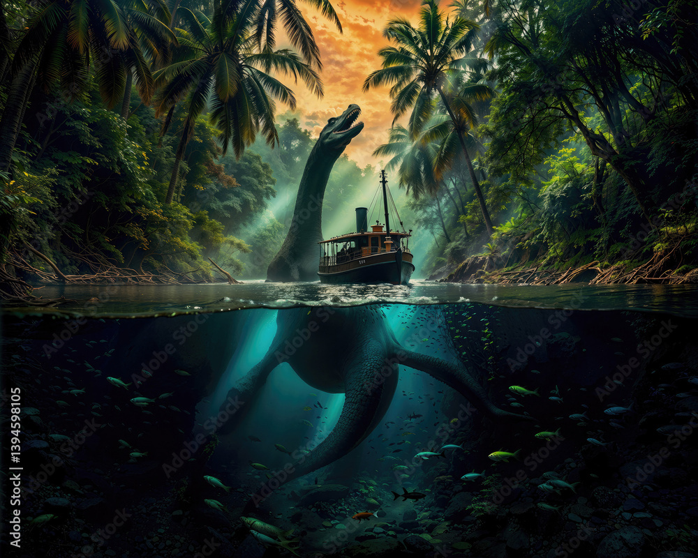 pleseosaurus monster from deep water and small boat