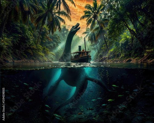 Obraz na płótnie pleseosaurus monster from deep water and small boat w salonie