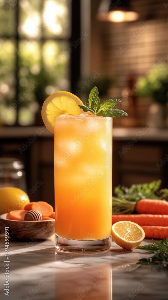 Image with a bright glass of carrot-honey lemon juice. Image with a bright glass of carrot-honey lemon juice.