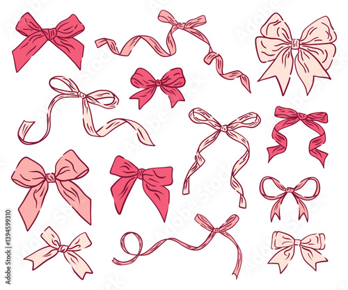 Set coquette bow. Aesthetic elegant girly pink bow. Hand drawn vintage girly decor. Trendy element for Valentine day and wedding invitations, christmas cards, poster.